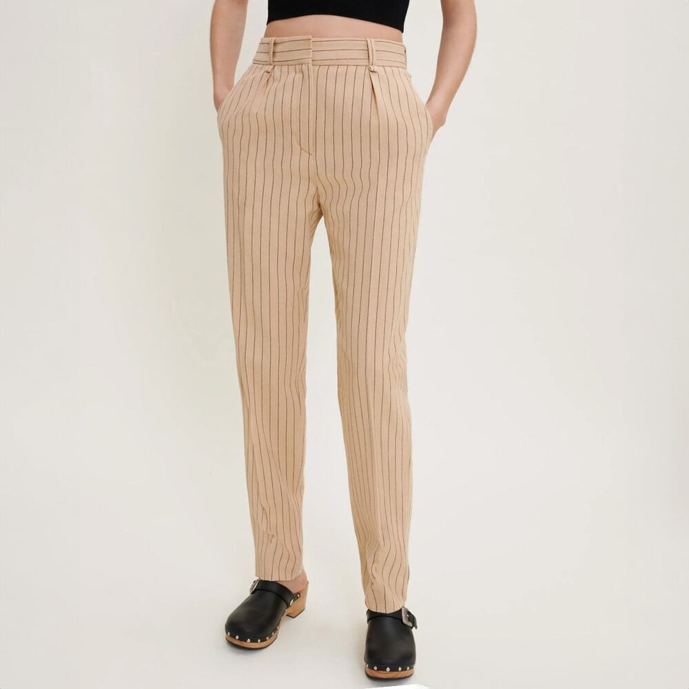 Maje Beige Striped Cotton Linen Trousers Size FR 38